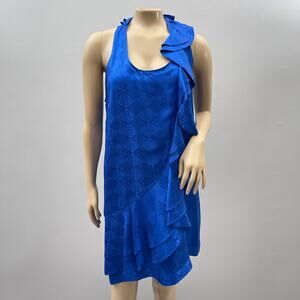 Cache Dress Women 8 Blue Silk Blend Ruffle Mini Cocktatil Jacquard Party Glam